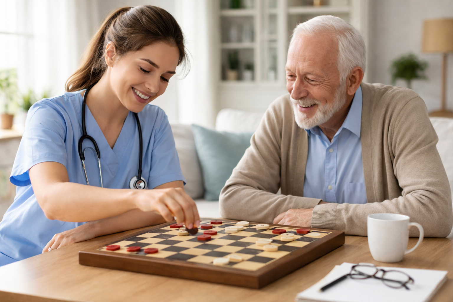 Caregiver providing companion care to senior