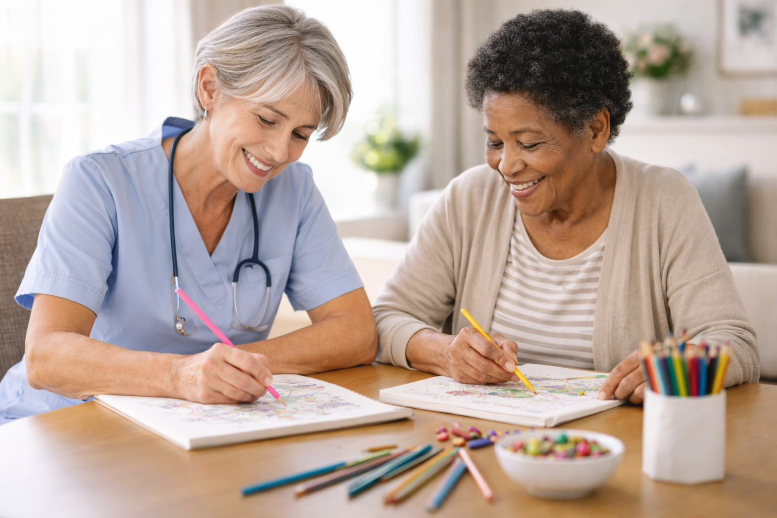 Compassionate caregiver providing Alzheimer's care to senior